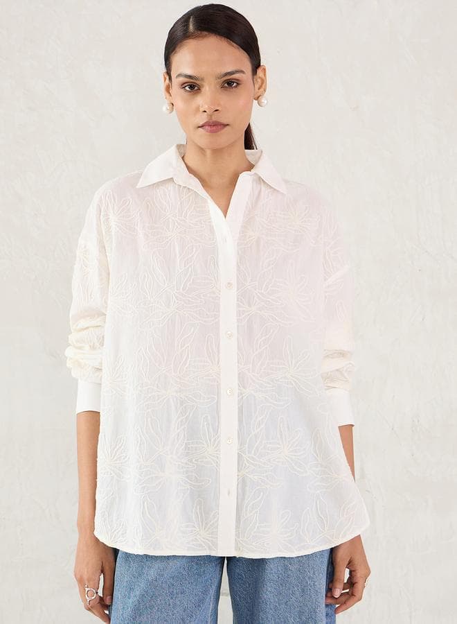 Femmella White Embroidered Cotton Longline Shirt - Image 1