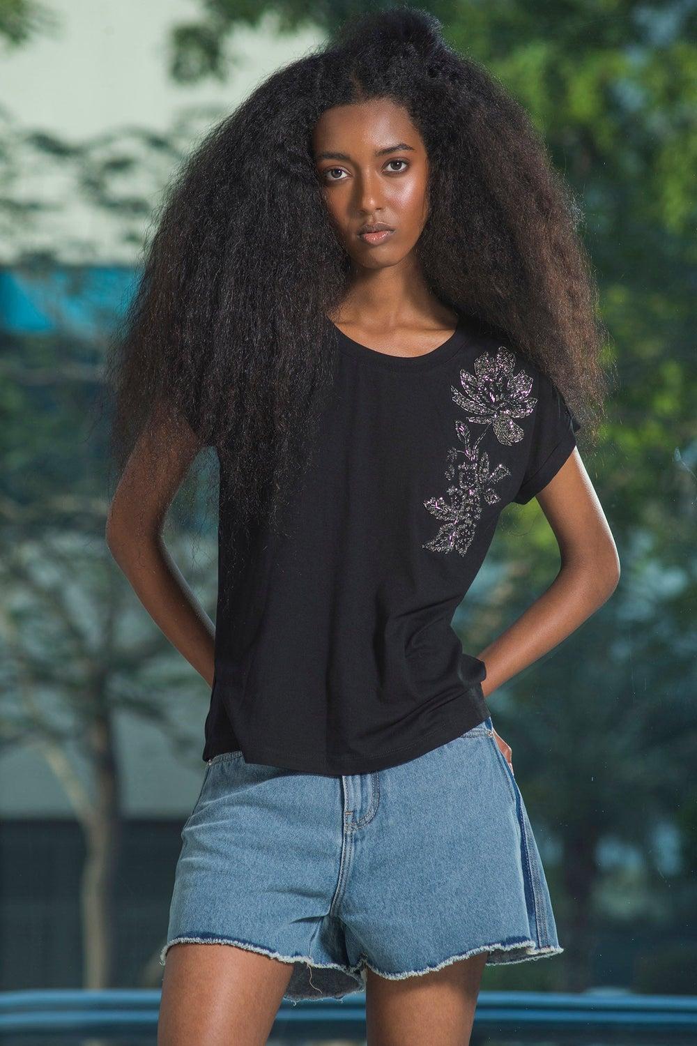 VIRGIO Black Viscose Stretch Embellished Dolman Top - Image 1