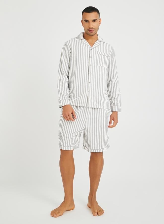 Men’s Striped Long Sleeve Pyjama Shirt & Shorts Set - Image 1