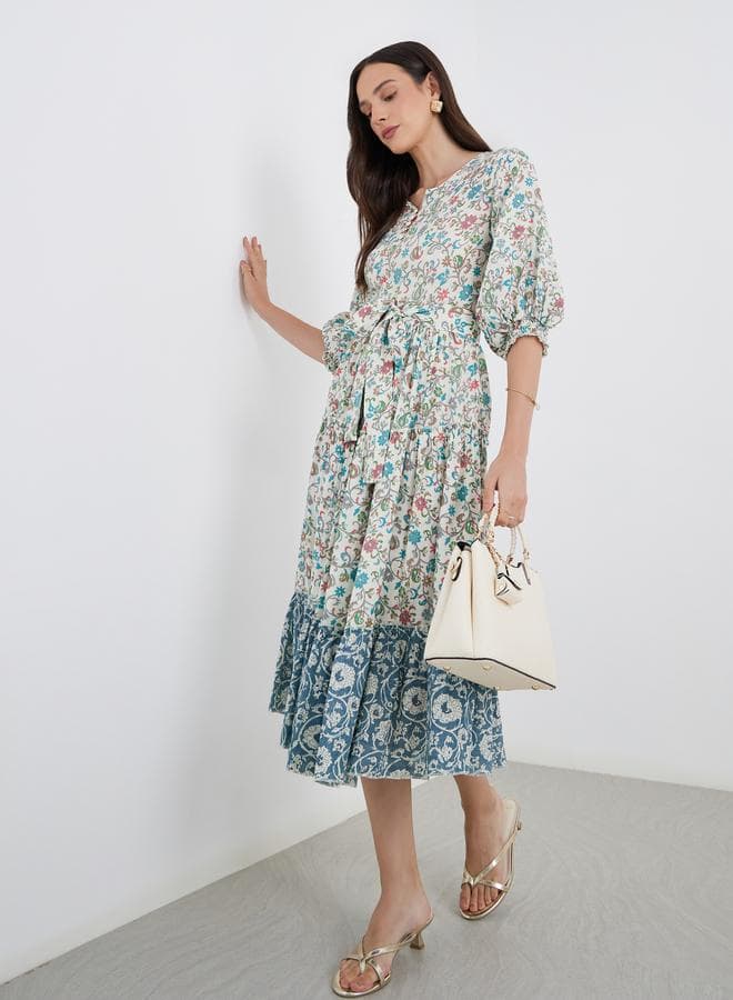 Floral Tie-Belt Midi Dress – V-Neck Tiered Style - Image 1