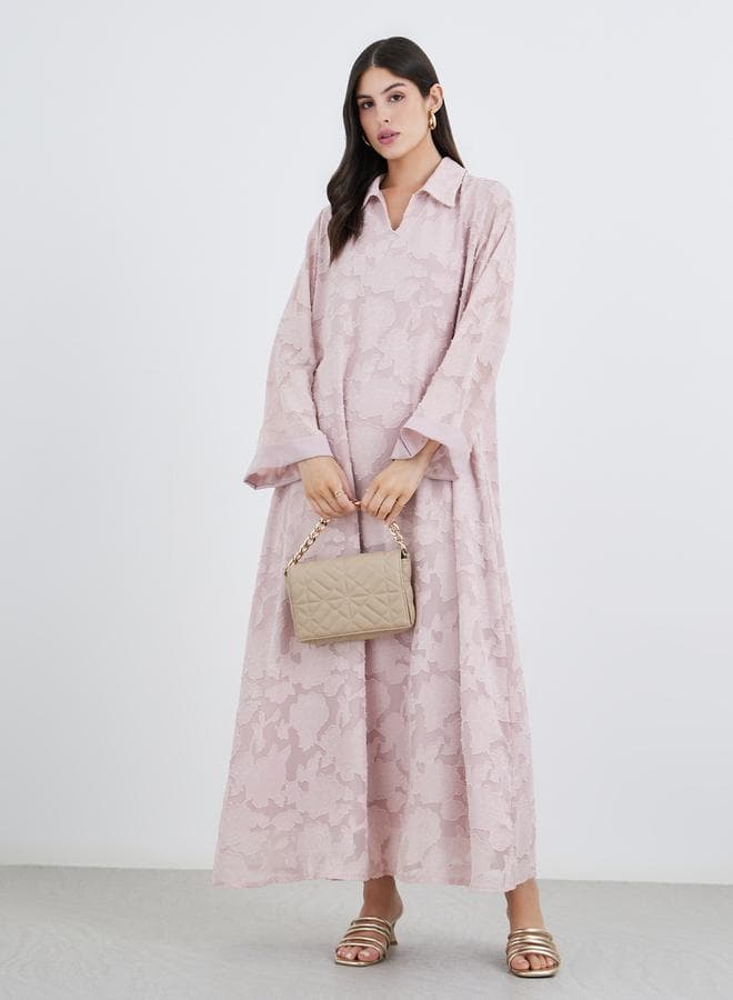Pink Jacquard Jalabiya with Collar & Placket Detail - Image 1