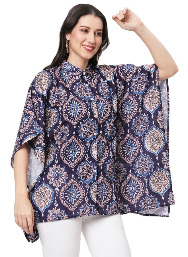 Indigo Print Kaftan Shirt in Paisley Cotton Blend - Image 1