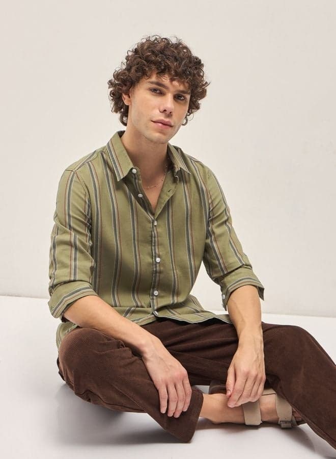 Men’s Green Striped Button-Down Shirt – Cotton Blend - Image 1