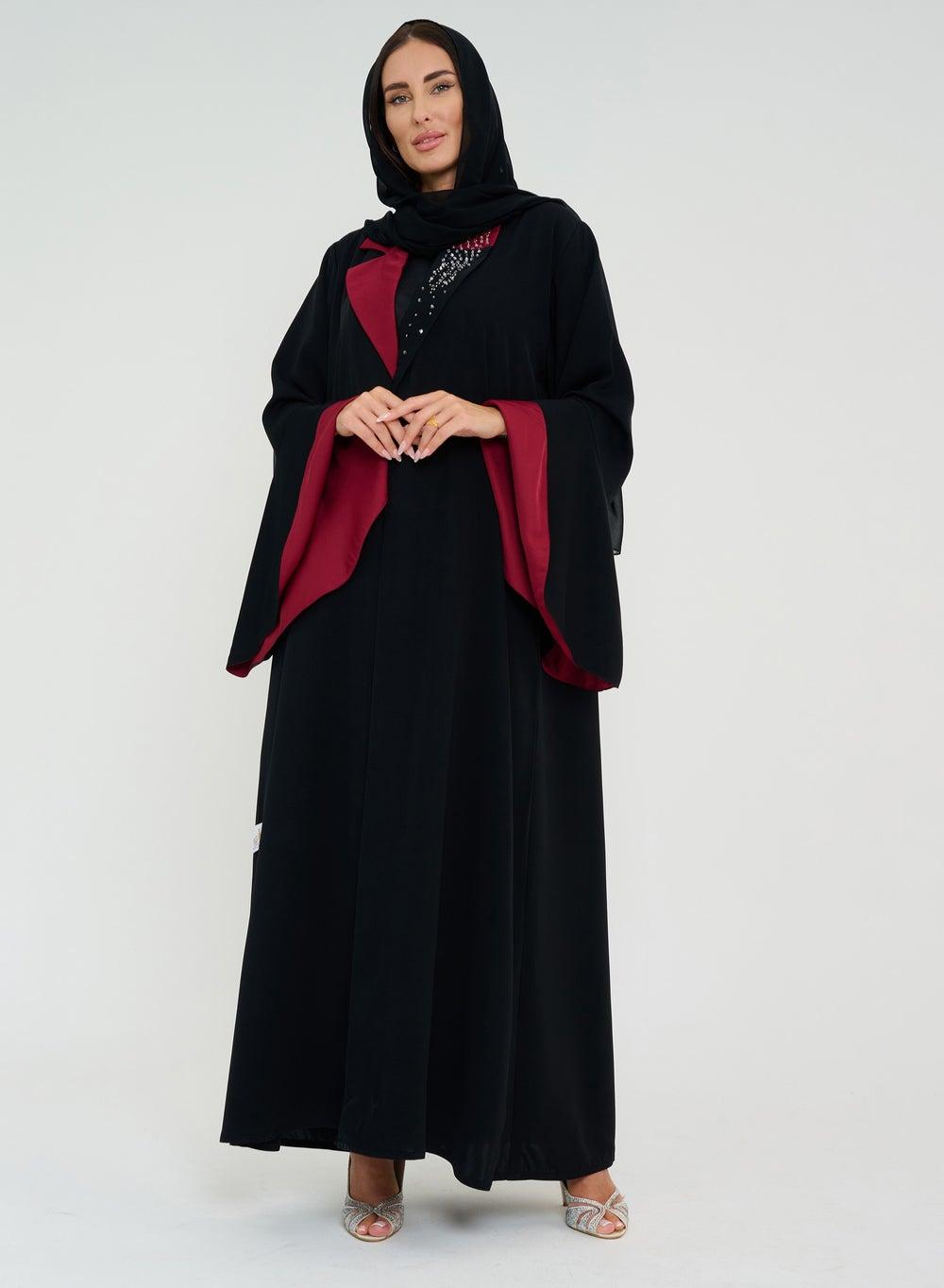 Black R 202461 Abaya with Red Embroidered Collar - Image 1