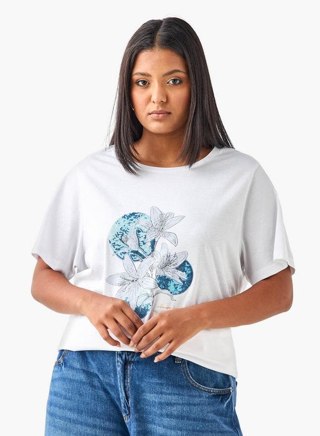 Ulla Popken Plus Size Floral Embellished Cotton T-Shirt - Image 1