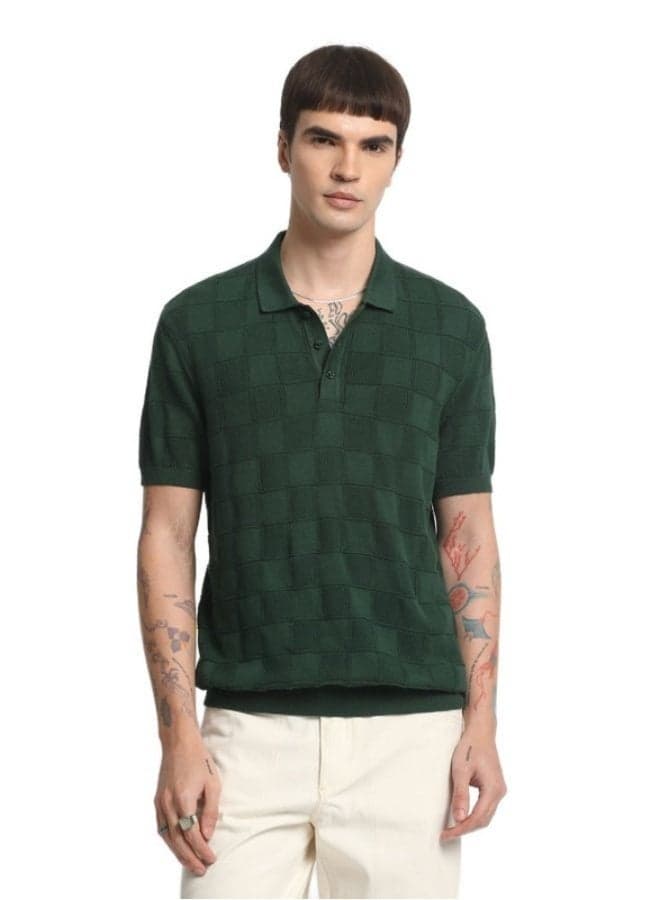 Men’s Textured Cotton Polo Shirt – Classic Green Style - Image 1