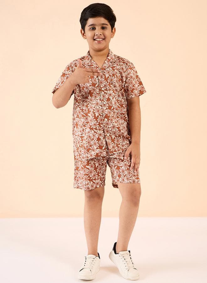 Stylo Bug Brown Floral Rayon Boys Shirt & Shorts Set - Image 1
