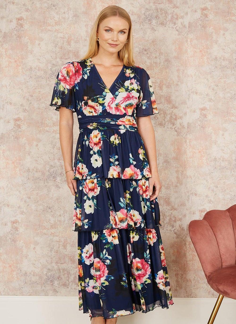 Navy Floral Tiered Maxi Dress with Cinched Waist - Image 1