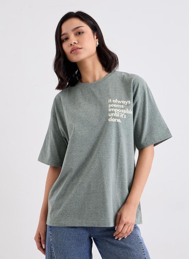 Styli Slogan Print Oversized Cotton Blend T-Shirt - Image 1