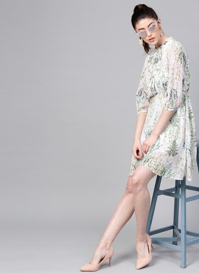 Off-White Green Floral A-Line Dress with Puff Sleeves - Image 1