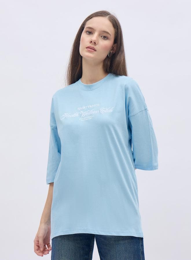 Blue Embroidered Slogan Oversized Cotton T-Shirt - Image 1