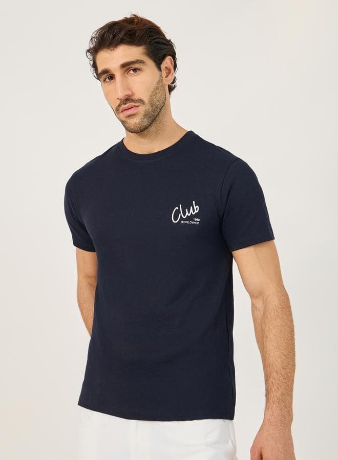 Navy Blue Slogan Print Regular Fit T-Shirt 7010182722 - Image 1