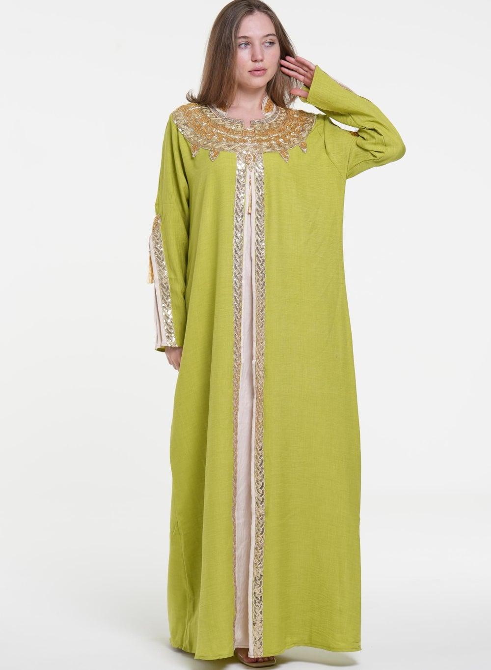 Green Linen Jalabiya – Syrian Traditional Long Sleeve Dress - Image 1