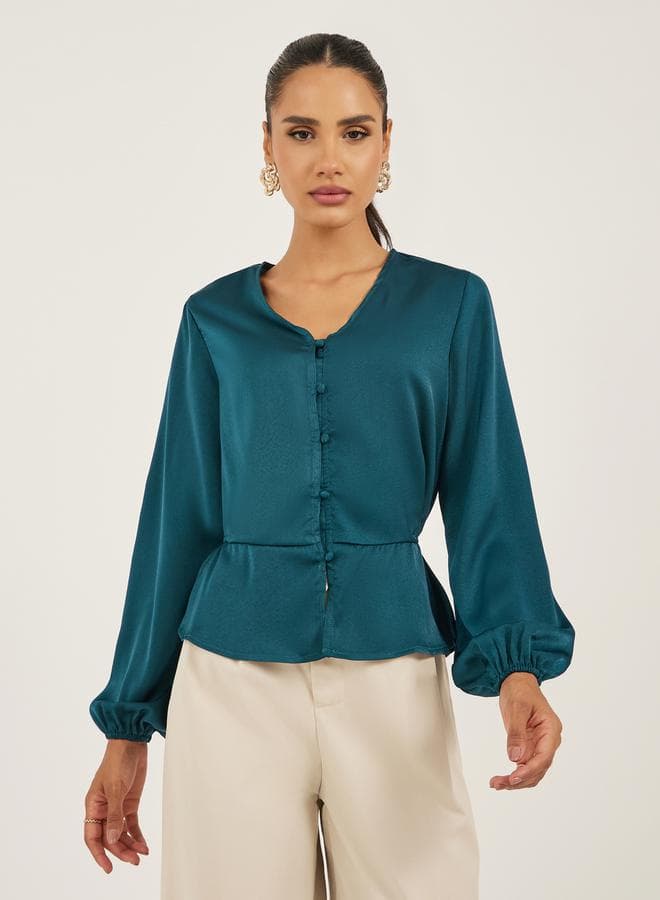 Teal V-Neck Peplum Blouse 7012035134 - Image 1
