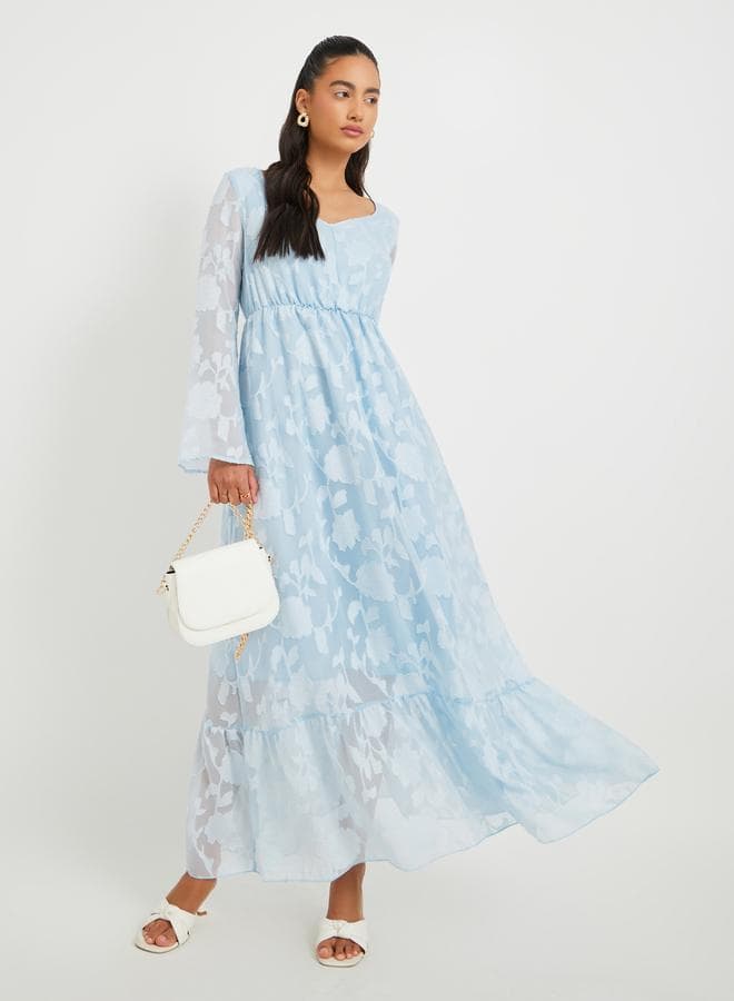 Blue Jacquard Tiered Maxi Dress Long Sleeve V-Neck - Image 1