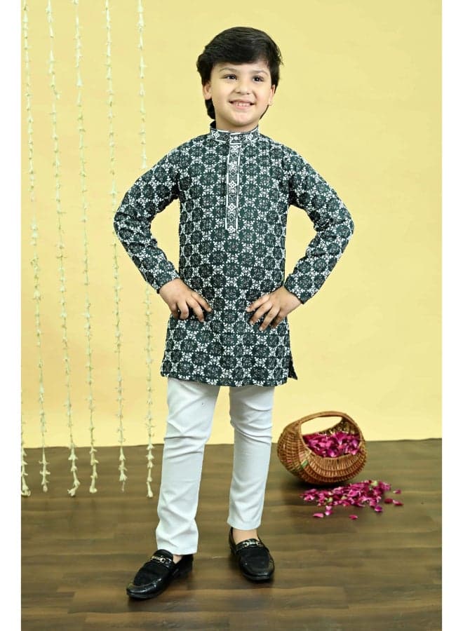 Dark Green Sequined Kurta Pajama Set for Boys - Image 1