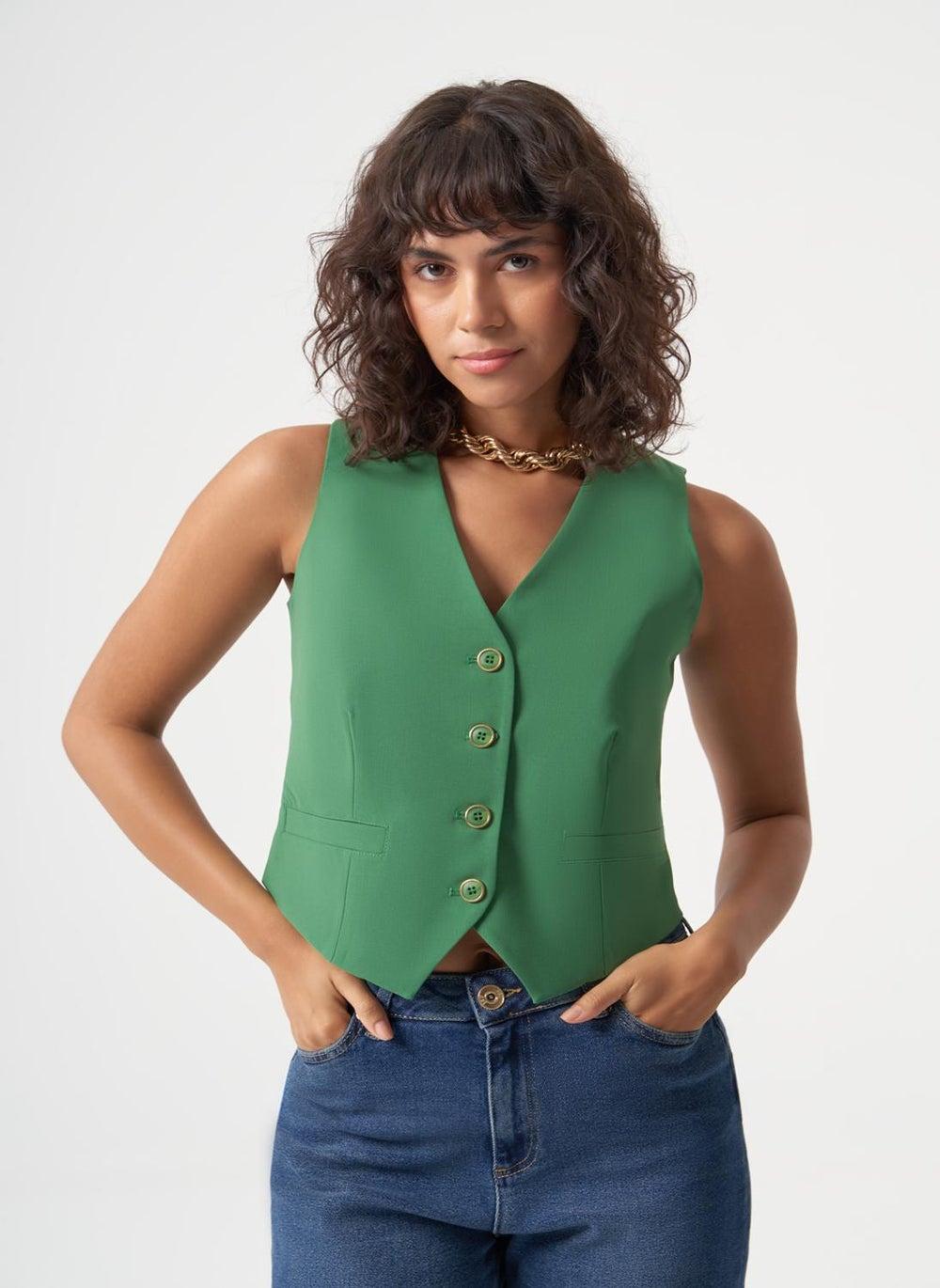 Green Woven Wool-Blend V-Neck Vest - Image 1