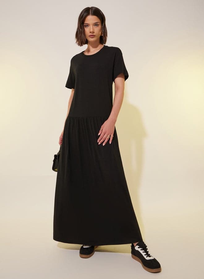 Black Gathered Waist Maxi T-Shirt Dress 7016328001 - Image 1