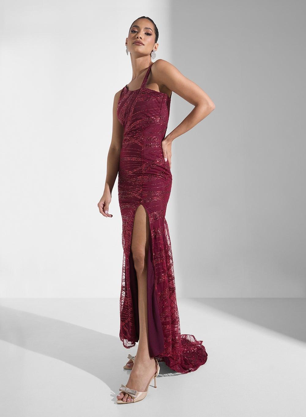 Wine Red Sequin Slit Maxi Dress Aln3005 - Image 1