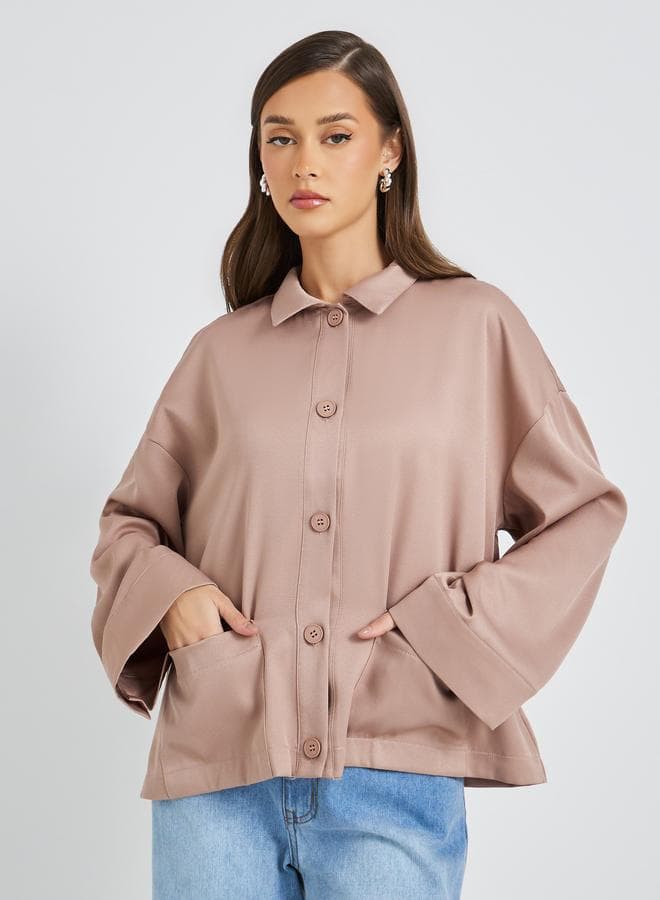 Beige Solid Button Front Boxy Jacket with Patch Pockets - Image 1