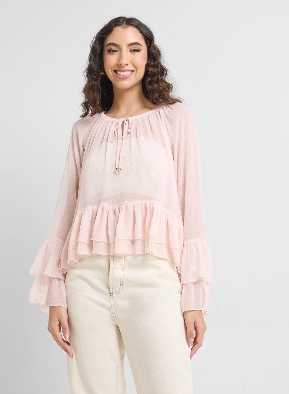 Pink Tie Neck Ruffle Tiered Blouse 10336467 - Image 1