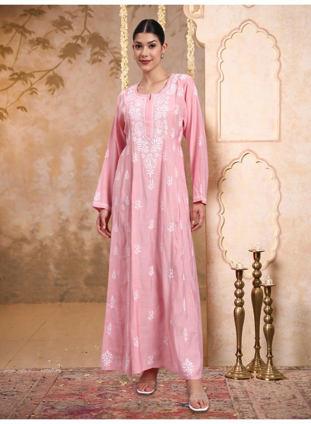 Chikankari Chanderi Jalabiya AL4088 in Elegant Pink - Image 1