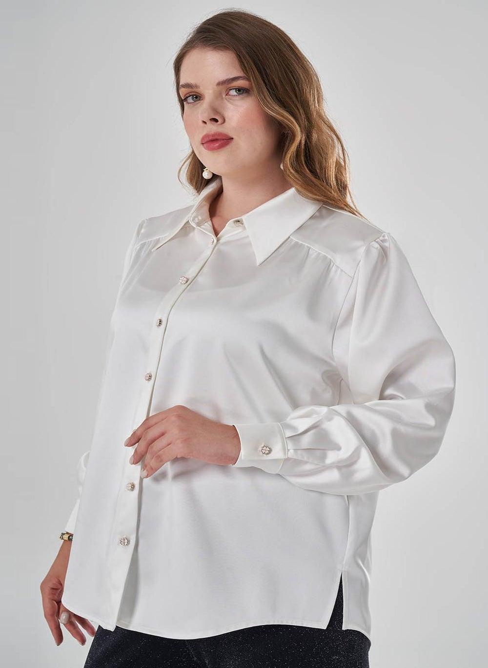 White Satin Shirt with Ornamental Buttons Classic Fit - Image 1