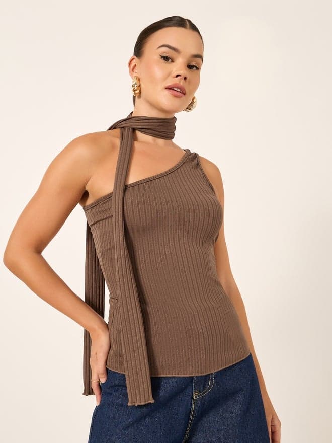 Ribbed One-Shoulder Tie Neck Cropped Tank - Image 1