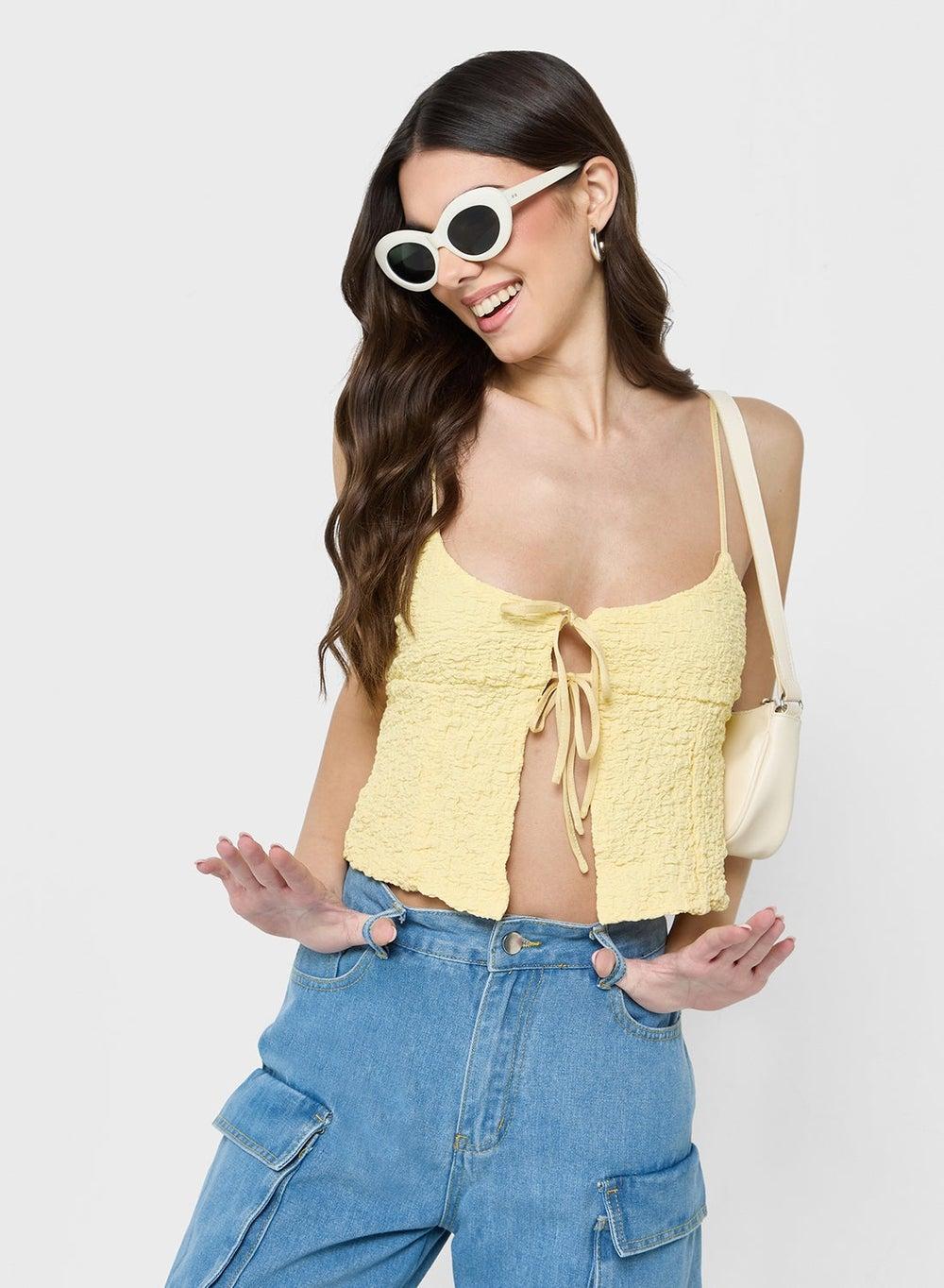 Yellow Textured Bow Tie Crop Top A4 6069 - Image 1