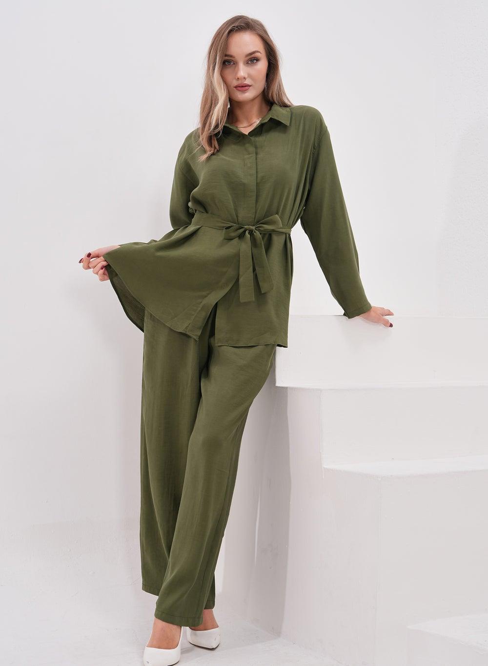 Green Linen Two-Piece Modest Set – Belted Shirt & Pants - Image 1