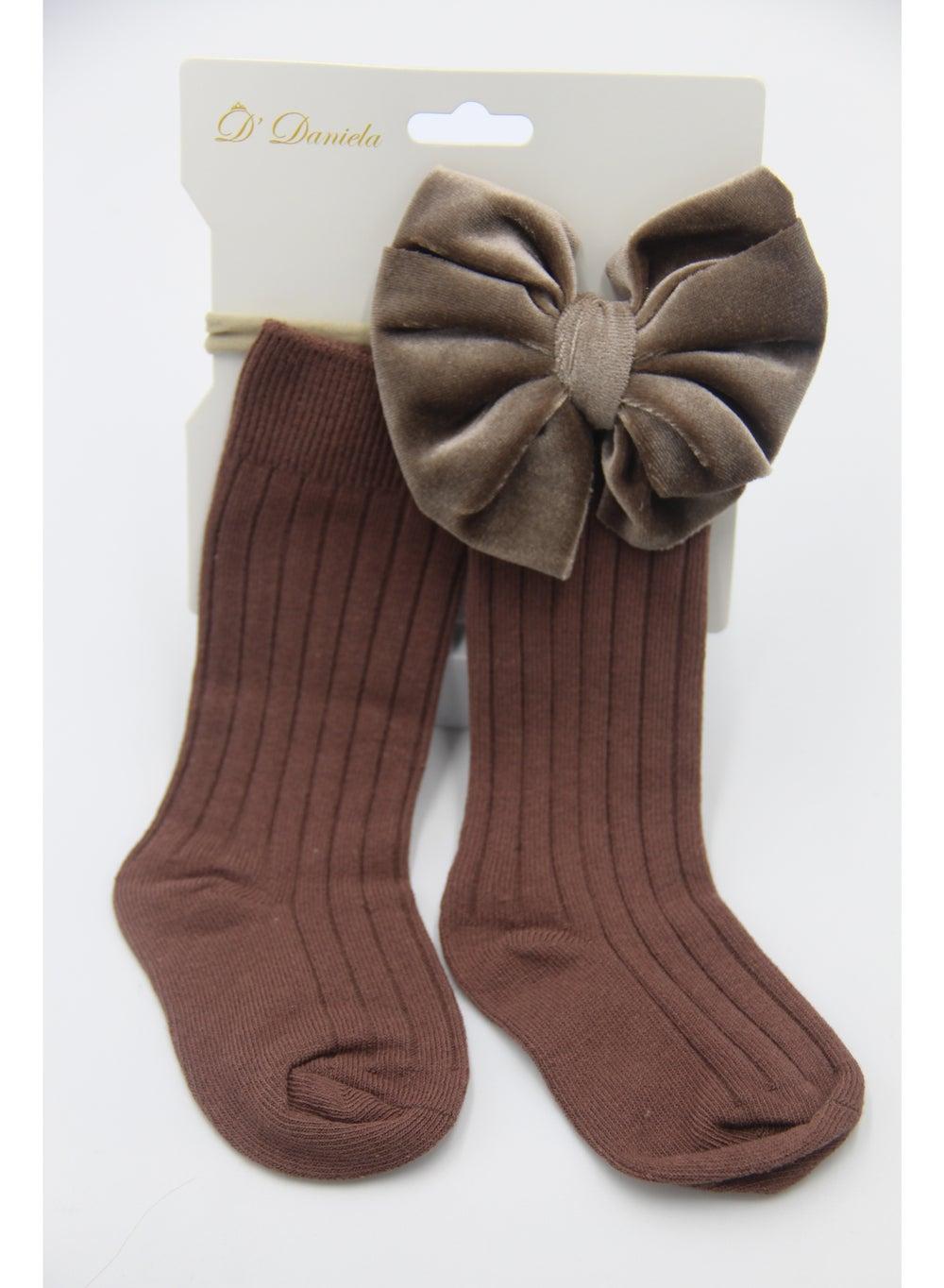 Mikha Dark Brown Baby Socks & Ribbon Bow Set - Image 1