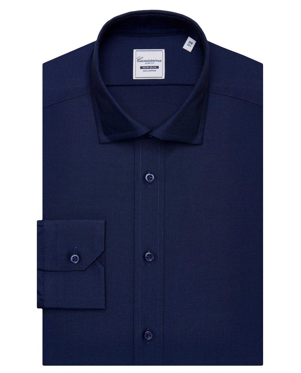Long SL Slim Fit Navy Herringbone Shirt - Image 1