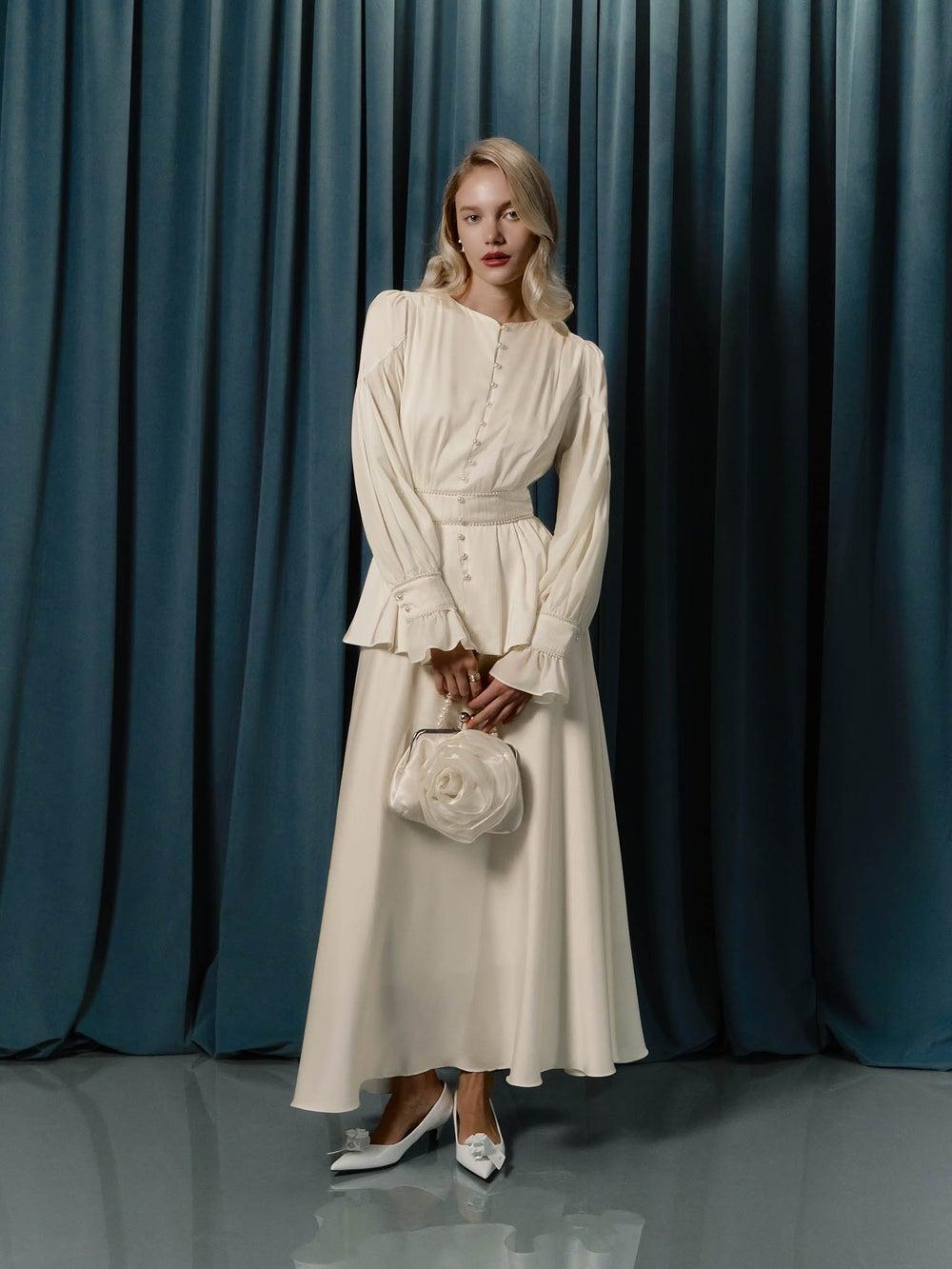 Cream Pearl-Embellished Puff Sleeve Maxi Dress - Image 1