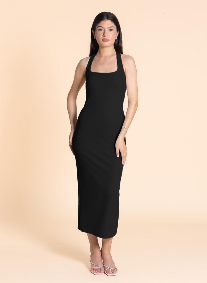 Black Halter Neck Bodycon Midi Dress - Image 1