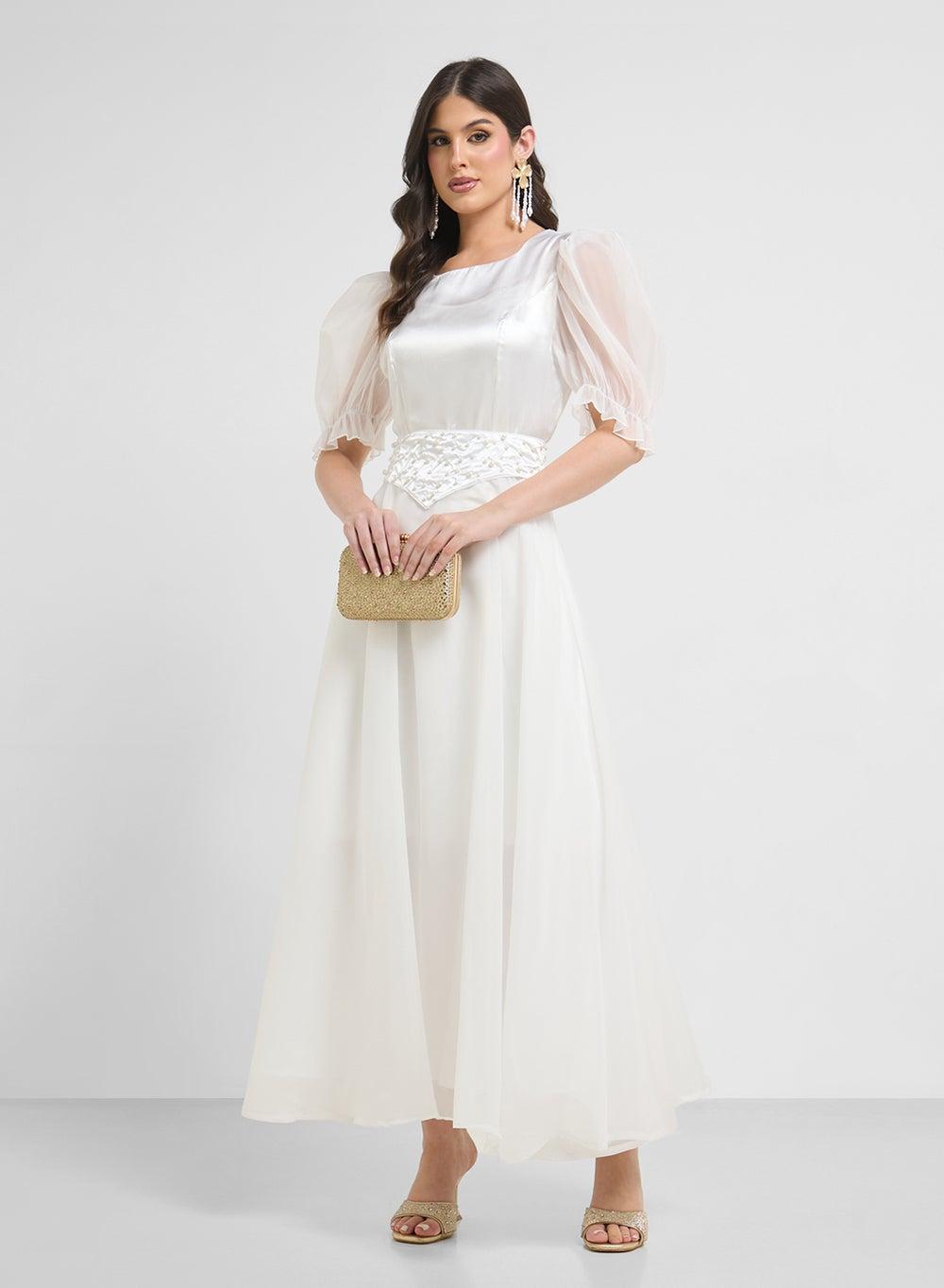 White Embellished Puff Sleeve Maxi Dress Clt254008 - Image 1
