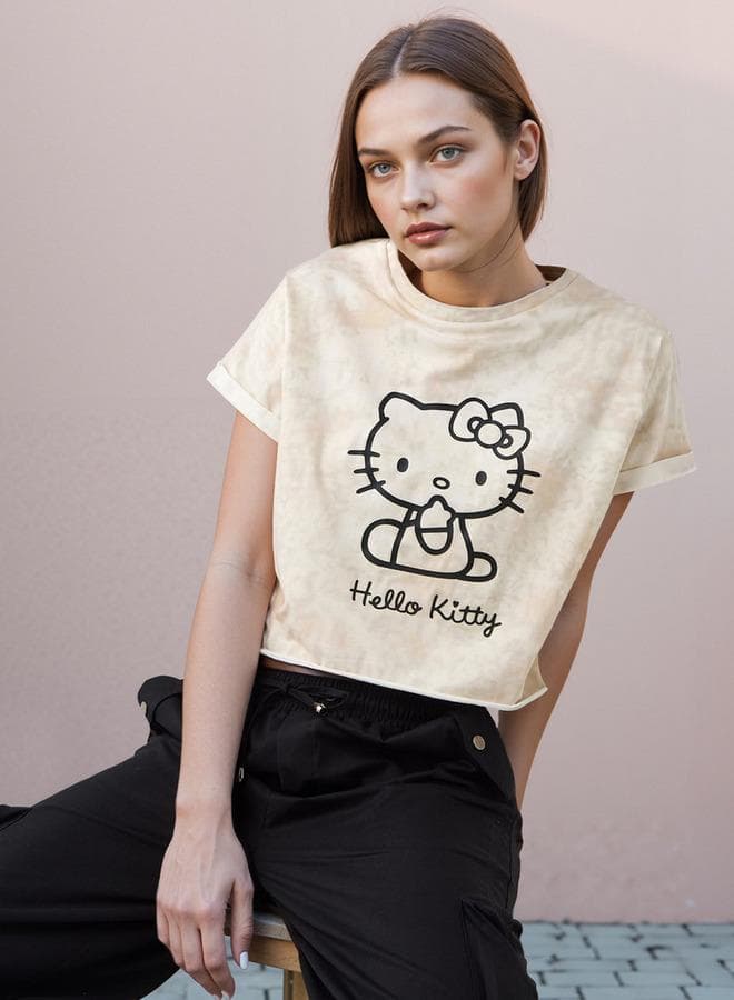 Hello Kitty Print Crop T-Shirt Extended Sleeve Beige - Image 1