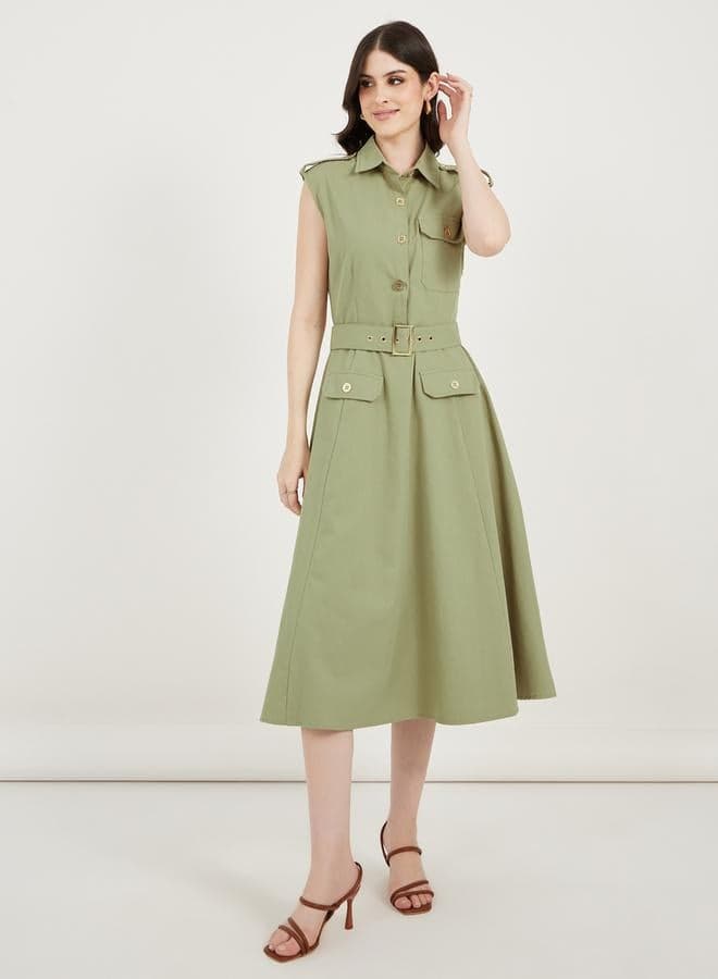 Styli 7011212315Khaki Belted Midi Shirt Dress - Image 1
