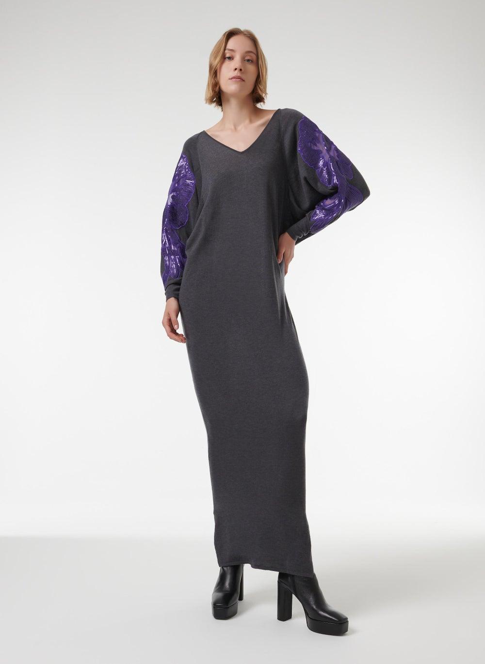 Sequin Sleeve Greige Kaftan with Double V-Neck - Image 1