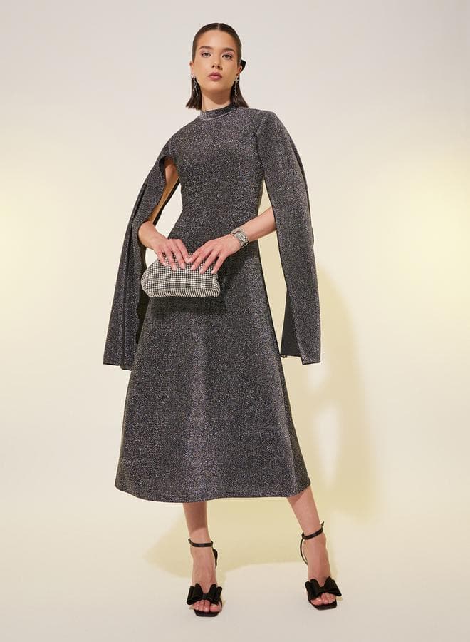 Metallic Silver Cape Sleeve Midi Dress 7012738214 - Image 1