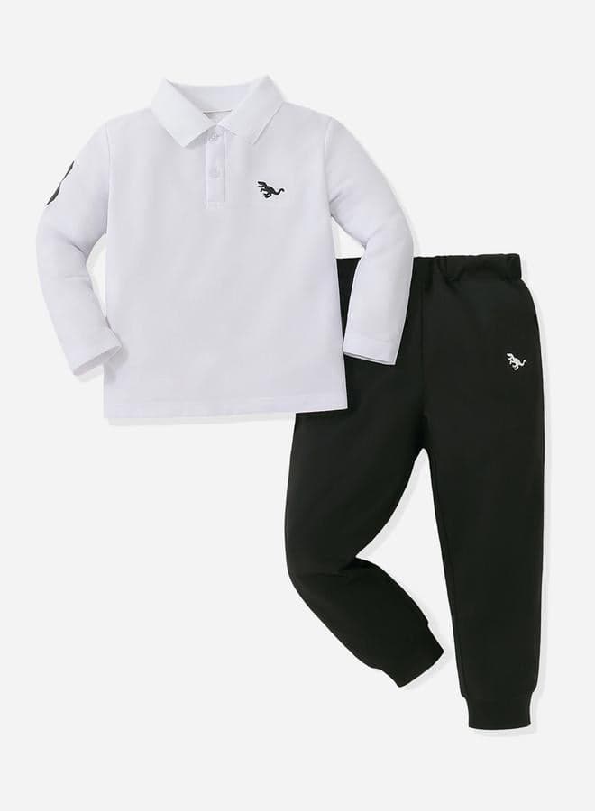 Boys Graphic Polo Set White & Black Joggers - Image 1