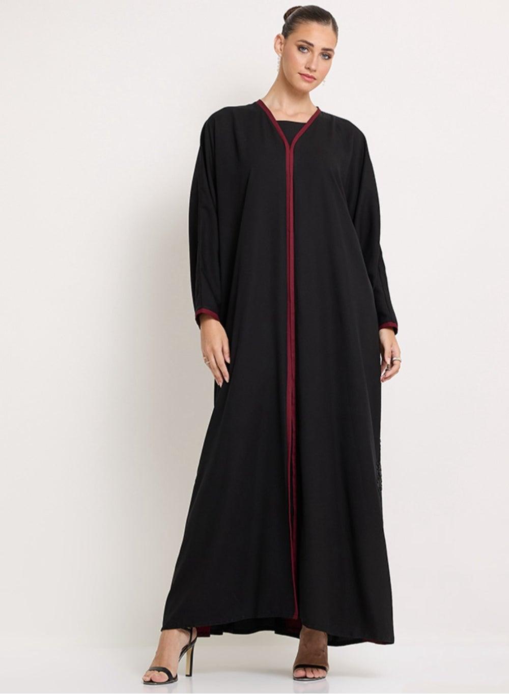 Embroidered Abaya with Red Line Long Sleeves - Image 1