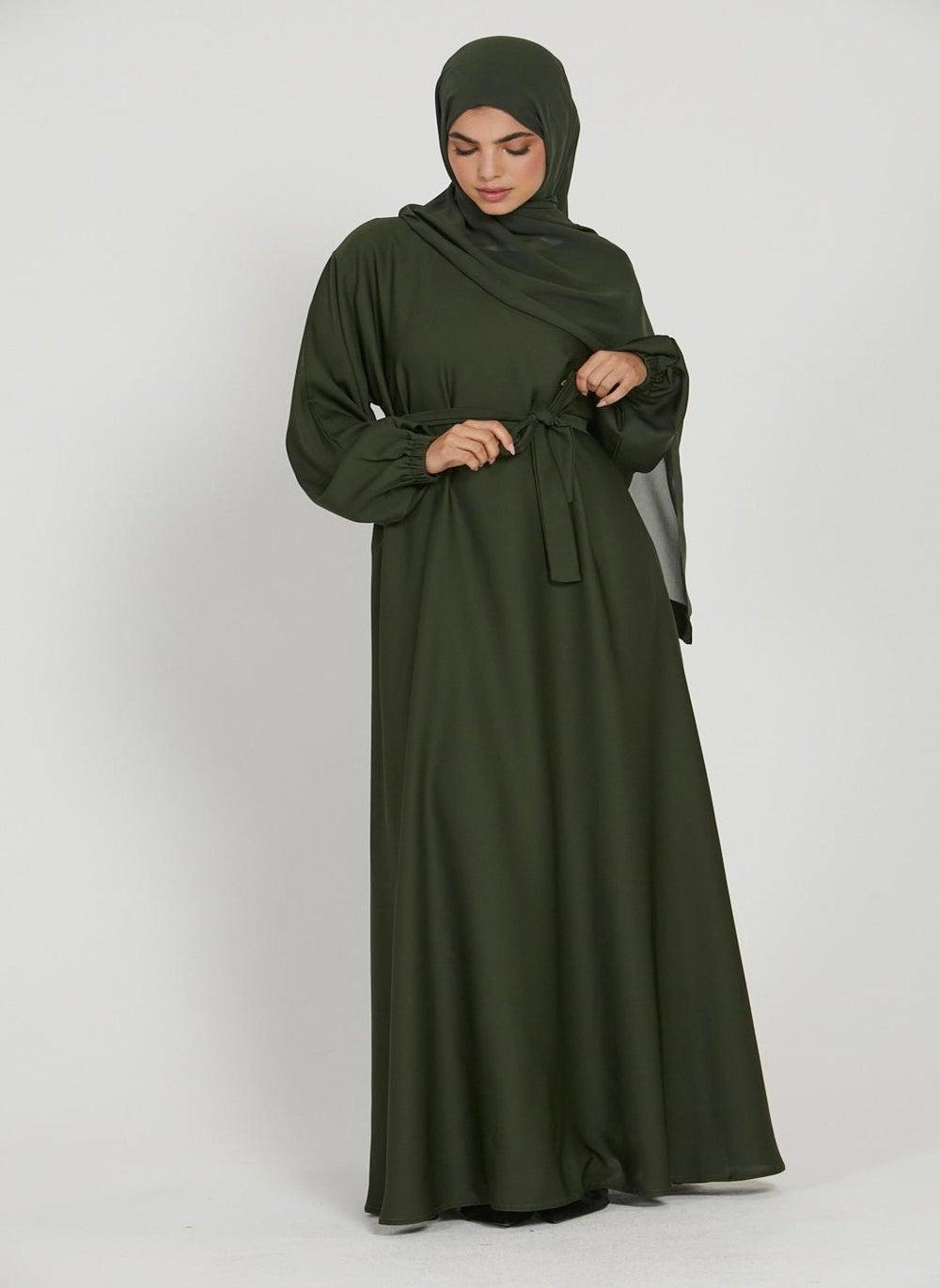 Elegant Green Belted Abaya with Hijab AB61 - Image 1