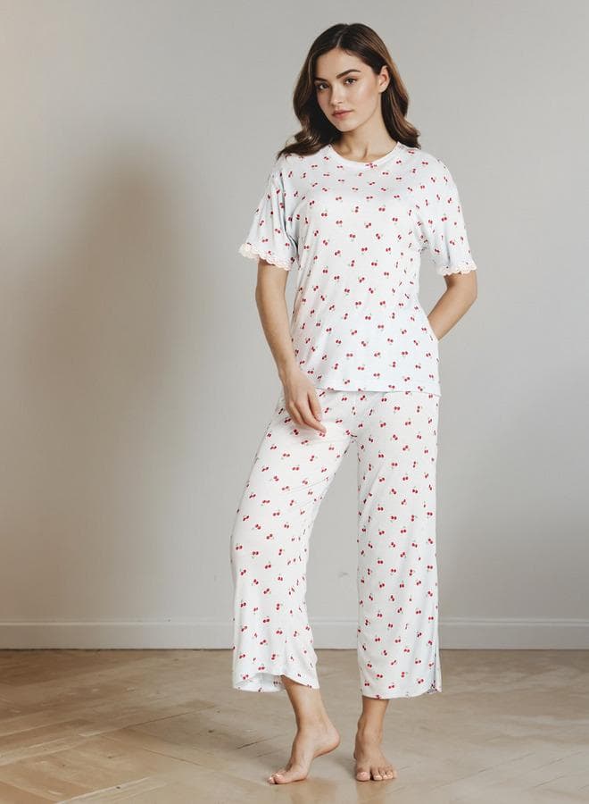 Blue Printed Viscose Blend Pyjama Set for Women - Image 1