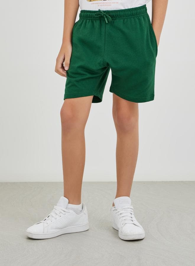 Boys Green Solid Drawstring Uniform Shorts - Image 1