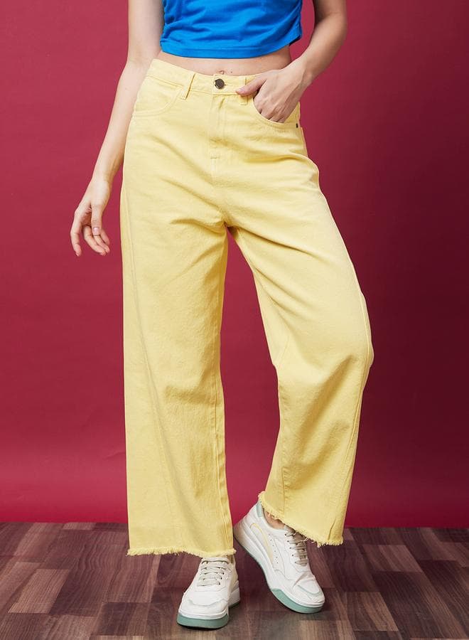 Mid-Rise Wide Leg Cotton Jeans – Solid Yellow - Image 1