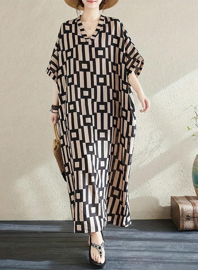 Black Geometric Print V-Neck Kaftan Dress - Image 1