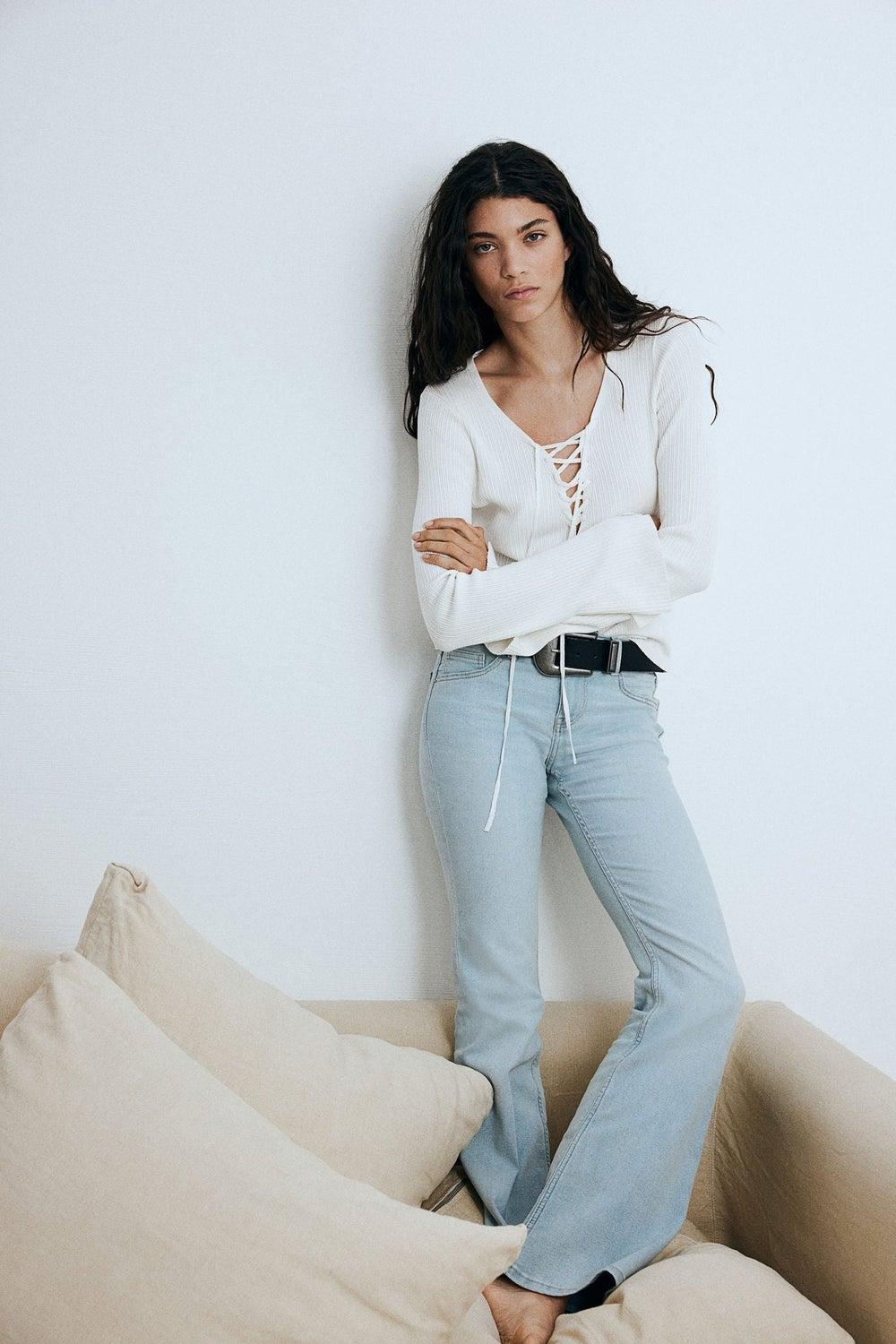 Low-Rise Flared Jeans in Light Dusty Blue - Image 1