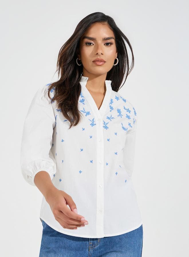Styli Chambray Embbroidered Off-White Balloon Sleeve Blouse 7008965424 - Image 1