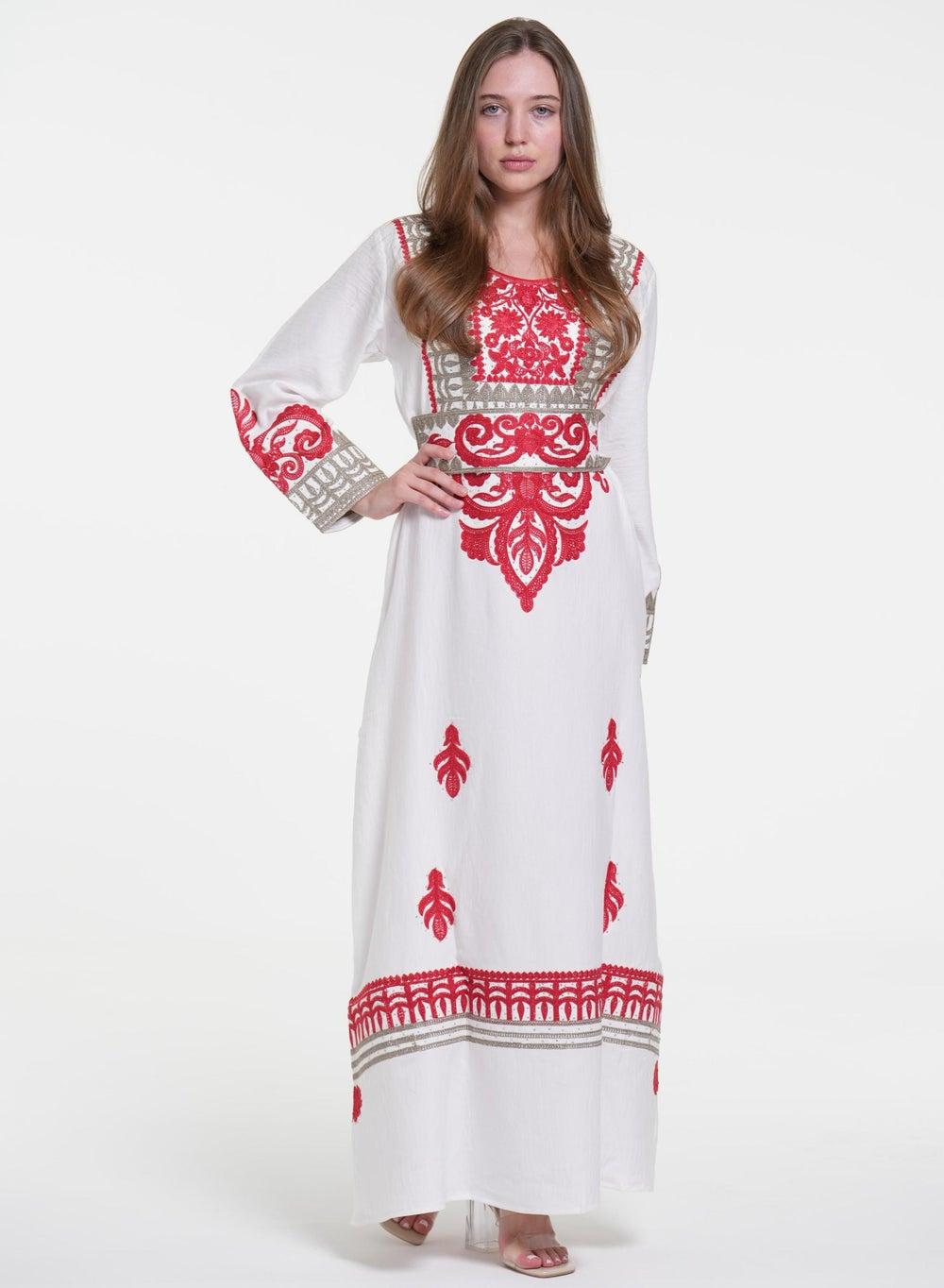 White Linen Printed Jalabiya Dress with Belt - Image 1