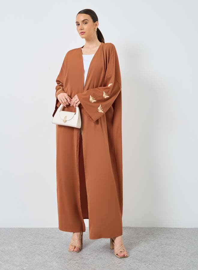 Coffee Brown Embroidered Sleeve Open Front Abaya - Image 1
